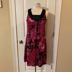Elementz Raspberry Paisley Sleeveless Dress w/ Jeweled Collar – Size M